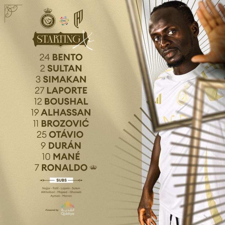 C罗出战！利雅得胜利vs卡迪西亚首发：C罗、马内、杜兰、B罗先发