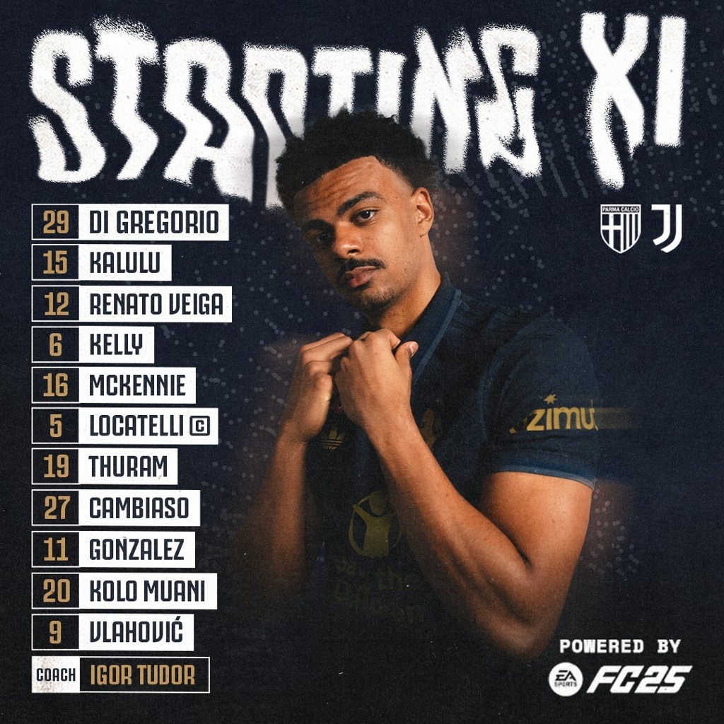 尤文vs帕尔马首发：DV9、穆阿尼先发，维加、凯利出战