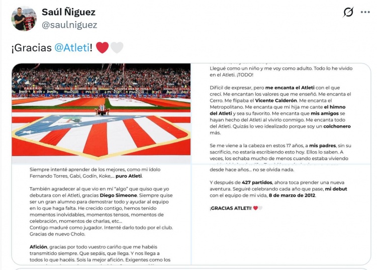 萨乌尔告别马竞：我感激17年来我在这里遇到的每一个人